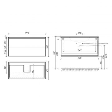 Тумба подвесная Sancos (Санкос) Cento 990х450х500 мм, c двумя ящиками оснащенными доводчиками, белый глянец, (без раковины) (CN100W)