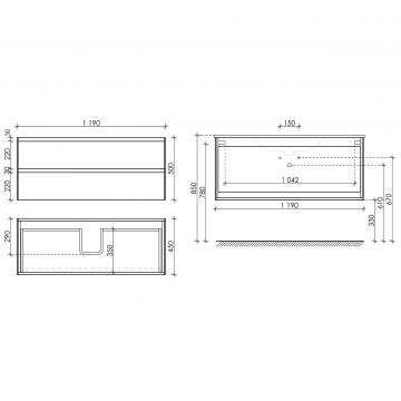 Тумба подвесная Sancos (Санкос) Cento 1190х450х500 мм, c двумя ящиками оснащенными доводчиками, белый глянец, (без раковины) (CN120-1W)