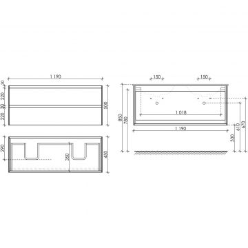 Тумба подвесная Sancos (Санкос) Cento 1190х450х500 мм, c двумя ящиками оснащенными доводчиками, белый глянец, (без раковины) (CN120-2W)