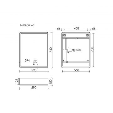 Зеркальный шкаф для ванной комнаты Sancos (Санкос) Mirror 590х150х740 мм, с LED подсветкой, цвет дуб галифакс натуральный, (MI60EG)