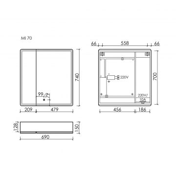 Зеркальный шкаф для ванной комнаты Sancos (Санкос) Mirror 690х150х740 мм, с LED подсветкой, цвет дуб чарльстон, с розеткой, (MI70ECH)