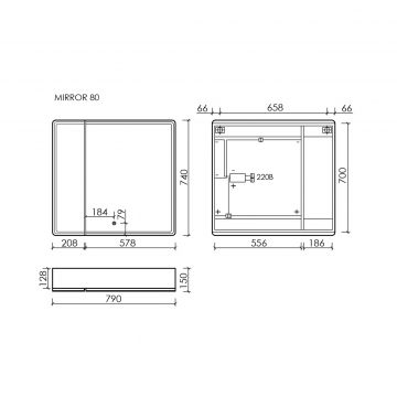 Зеркальный шкаф для ванной комнаты Sancos (Санкос) Mirror 790х150х740 мм, с LED подсветкой, цвет дуб чарльстон, (MI80ECH)