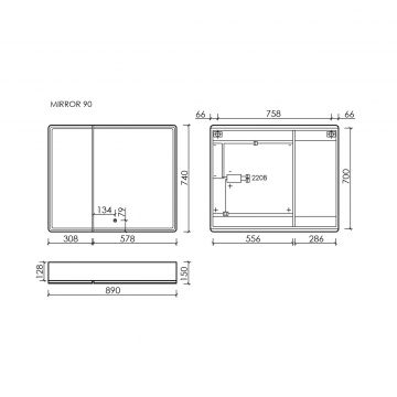 Зеркальный шкаф для ванной комнаты Sancos Mirror 890х150х740 мм, с LED подсветкой, цвет дуб чарльстон, (MI90ECH)