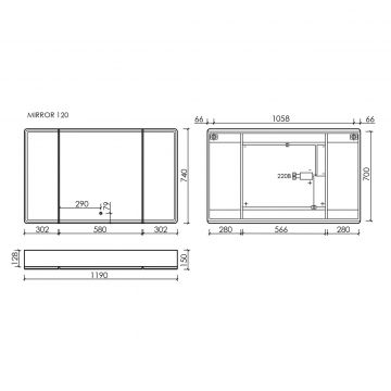 Зеркальный шкаф для ванной комнаты Sancos (Санкос) Mirror 1190х150х740 мм, с LED подсветкой, цвет дуб галифакс натуральный, (MI120EG)