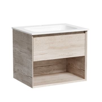 Тумба подвесная Sancos (Санкос) Marmi 1.0 590х445х520 c одним ящиком оснащенным доводчиками скрытого монтажа и открытой нишей, дуб галифакс натуральный, (без раковины) (MR1.060EG)