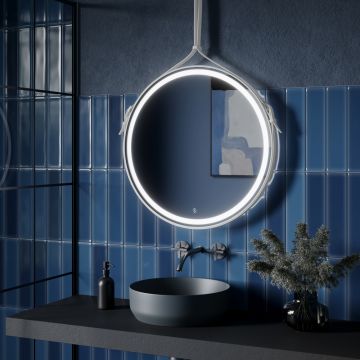 Зеркало для ванной комнаты Sancos Dames D650 с подсветкой, ремень из натуральной белой кожи, (DA650W)