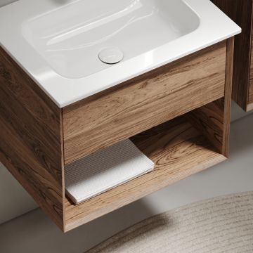 Тумба подвесная Sancos (Санкос) Marmi 1.0 590х445х520 c одним ящиком оснащенным доводчиками скрытого монтажа и открытой нишей, дуб чарльстон, (без раковины) (MR1.060ECH)