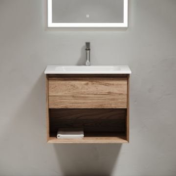 Тумба подвесная Sancos (Санкос) Marmi 1.0 590х445х520 c одним ящиком оснащенным доводчиками скрытого монтажа и открытой нишей, дуб чарльстон, (без раковины) (MR1.060ECH)