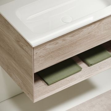 Тумба подвесная Sancos Marmi 1.0 790х445х520 c одним ящиком оснащенным доводчиками скрытого монтажа и открытой нишей, дуб галифакс натуральный, (без раковины) (MR1.080EG)