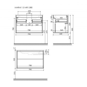 Тумба подвесная Sancos (Санкос) Marmi 1.0 790х445х520 c одним ящиком оснащенным доводчиками скрытого монтажа и открытой нишей, дуб чарльстон, (без раковины) (MR1.080ECH)
