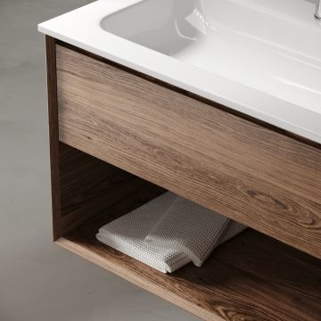 Тумба подвесная Sancos (Санкос) Marmi 1.0 790х445х520 c одним ящиком оснащенным доводчиками скрытого монтажа и открытой нишей, дуб чарльстон, (без раковины) (MR1.080ECH)