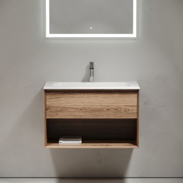 Тумба подвесная Sancos (Санкос) Marmi 1.0 790х445х520 c одним ящиком оснащенным доводчиками скрытого монтажа и открытой нишей, дуб чарльстон, (без раковины) (MR1.080ECH)