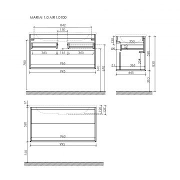 Тумба подвесная Sancos Marmi 1.0 995х445х520 c одним ящиком оснащенным доводчиками скрытого монтажа и открытой нишей, дуб чарльстон, (без раковины) (MR1.0100ECH)