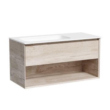 Тумба подвесная Sancos (Санкос) Marmi 1.0 левая, 995х445х520 мм, c одним ящиком оснащенным доводчиками скрытого монтажа и открытой нишей, дуб галифакс натуральный, (без раковины) (MR1.0100LEG)