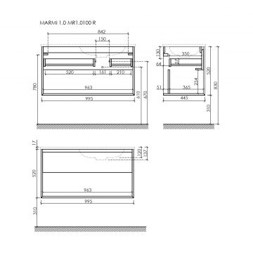 Тумба подвесная Sancos (Санкос) Marmi 1.0 правая, 995х445х520 мм, c одним ящиком оснащенным доводчиками скрытого монтажа и открытой нишей, дуб чарльстон, (без раковины) (MR1.0100RECH)
