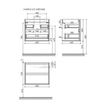 Тумба подвесная Sancos (Санкос) Marmi 2.0 590х445х520 мм, c двумя ящиками оснащенными доводчиками скрытого монтажа, цвет дуб галифакс натуральный, (без раковины) (MR2.060EG)