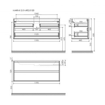 Тумба подвесная Sancos (Санкос) Marmi 2.0 1195х445х520 мм, c двумя ящиками оснащенными доводчиками скрытого монтажа, цвет дуб галифакс натуральный, (без раковины) (MR2.0120EG)