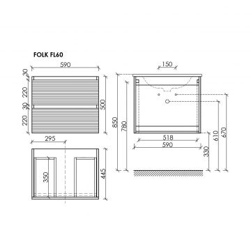 Тумба подвесная Sancos (Санкос) Folk 590х445х500 мм, c двумя ящиками оснащенными доводчиками, Bianco, (без раковины) (FL60W)