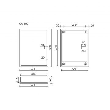 Зеркальный шкаф для ванной комнаты Sancos (Санкос) Cube 600х140х800 мм, с подсветкой, (CU600)