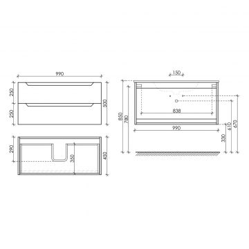 Тумба подвесная Sancos (Санкос) Norma 2.0 990х450х500 мм, c двумя ящиками оснащенными доводчиками, белый глянец, (без раковины) (NR2.100W)