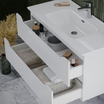 Тумба подвесная Sancos (Санкос) Norma 2.0 990х450х500 мм, c двумя ящиками оснащенными доводчиками, белый глянец, (без раковины) (NR2.100W)