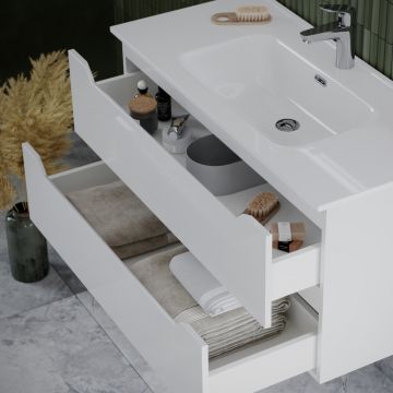 Тумба подвесная Sancos Norma 2.0 1190х450х500 мм, c двумя ящиками оснащенными доводчиками, белый глянец, (без раковины) (NR2.120-1W)