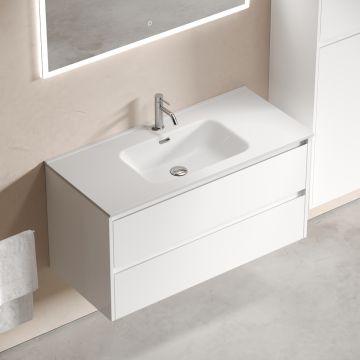 Тумба подвесная Sancos Libra 990х450х500 мм, c двумя ящиками оснащенными доводчиками, белый глянец, (без раковины) (LB100W)