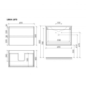 Тумба подвесная Sancos (Санкос) Libra 690х450х500 мм, c двумя ящиками оснащенными доводчиками, дуб галифакс натуральный, (без раковины) (LB70EG)
