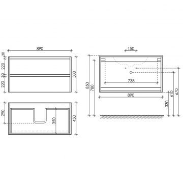 Тумба подвесная Sancos (Санкос) Libra 890х450х500 мм, c двумя ящиками оснащенными доводчиками, дуб галифакс натуральный, (без раковины) (LB90EG)