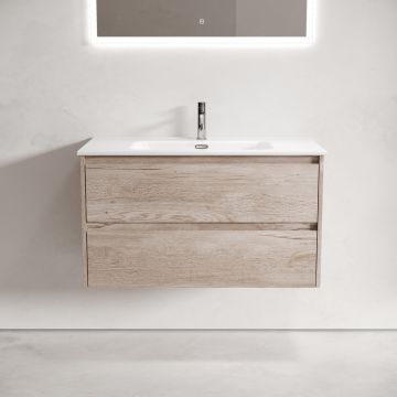 Тумба подвесная Sancos (Санкос) Libra 890х450х500 мм, c двумя ящиками оснащенными доводчиками, дуб галифакс натуральный, (без раковины) (LB90EG)