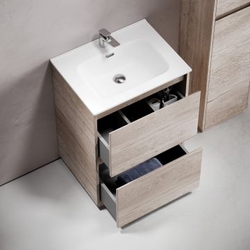 Тумба под раковину Sancos (Санкос) Libra Floor напольная,590х450х840 мм, c двумя ящиками оснащенными доводчиками, дуб галифакс натуральный, (без раковины) (LB60FEG)