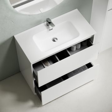 Тумба под раковину Sancos (Санкос) Libra Floor напольная, 890х450х840 мм, c двумя ящиками оснащенными доводчиками, белый глянец, (без раковины) (LB90FW)