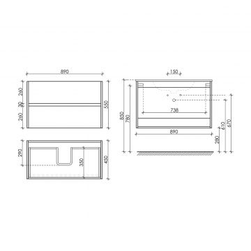 Тумба подвесная Sancos (Санкос) Urban 890х450х550 мм, c двумя ящиками оснащенными доводчиками, белый глянец, (без раковины) (UR90W)