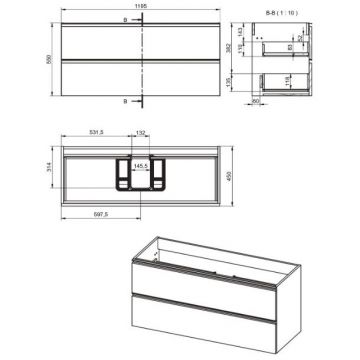 Тумба под раковину Visobath (Визобас) Granada, 120 см, 2 ящика c черными ручками, цвет орех (Valenti) 76583/87608