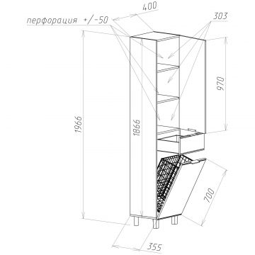 Шкаф-пенал для ванной Диво Дмитров напольный с корзиной, 40x196x33,5 см, белый, Diwo