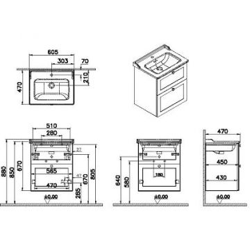 Тумба с раковиной Vitra (Витра) Root Classic 60 см с классической раковиной 2 ящика матовый белый (68848)