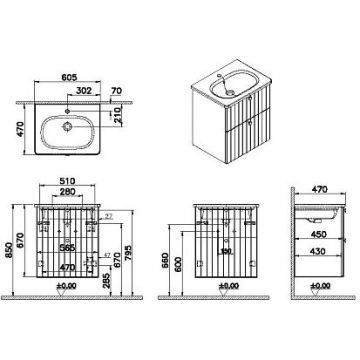 Тумба с раковиной Vitra Root Groove 60 см 2 ящика матовый серый (69417)