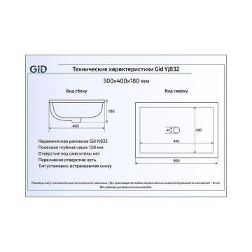 Раковина встаиваемая снизу Gid Integrado 50x40x18см, Yj832 71152, белый