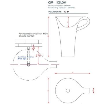 Раковина напольная Artceram (Арткерам) CUP 70х50х85 см, без отверстий, цвет: черно-белый OSL004 01 50