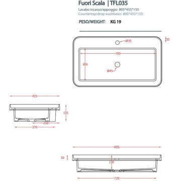Раковина Artceram Fuori Scala 80х45 см, с 1 отверстие, встраиваемая, без перелива, цвет: белый TFL035 01 00 *1
