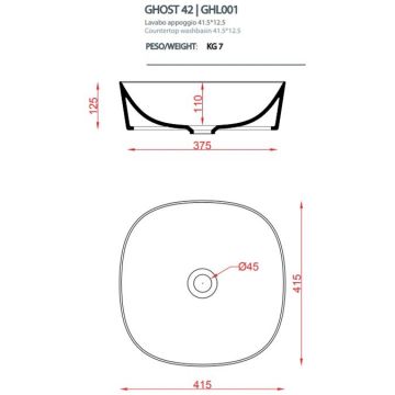 Раковина Artceram (Арткерам) Ghost 42 см, без отверстий, накладная, без слив-перелива, цвет: белый GHL001 01 00