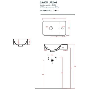 Раковина Artceram (Арткерам) Lavamani Union 27х45 см, 1 отверстие, подвесная, со слив-переливом, цвет: белый LML003 01 00