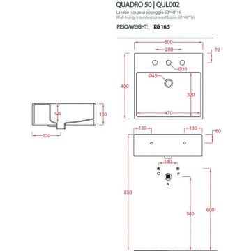 Раковина Artceram (Арткерам) Quadro 50х48 см, 1 отверстие, с переливом, цвет: белый глянцевый, декор: Cementina QUL002 01 86 акция