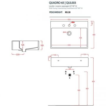Раковина Artceram (Арткерам) Quadro 65x48 см, 1 отверстие, цвет: белый QUL003 01 00