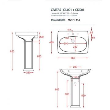 Раковина Artceram Civitas 68х50 см, 1 отверстие, подвесная, цвет: белый CIL001 01 00 *1