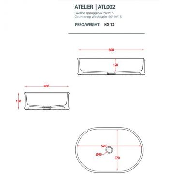 Раковина Artceram (Арткерам) Atelier 60x40х15 см, без отверстий, накладная, без перелива, цвет: белый матовый ATL002 05 00