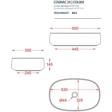 Раковина Artceram (Арткерам) Cognac 55х35 см, без отверстий, накладная, saniglaze, цвет: белый глянцевый COL003 01 34