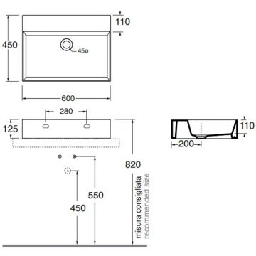Раковина Azzurra (Аззурра) Elegance Squared подвесная/накладная, 60x45xH12,5 см, без отверстий, цвет: Tortora ELLP060450Q0TO*0