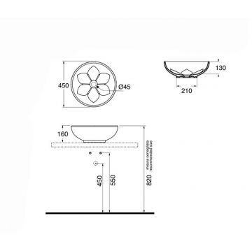 Раковина Azzurra (Аззурра) Fleur накладна, 45х16см, без отверстий, цвет: Tortora LALA045160F0TO*0