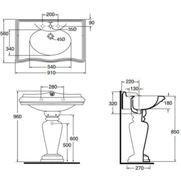 Раковина Azzurra (Аззурра) Jubilaeum с колонной 90x56xH32 см, 1 отверстие, цвет: Bianco lucido JULP0905500MBI/(JUB200/90 bi)*1